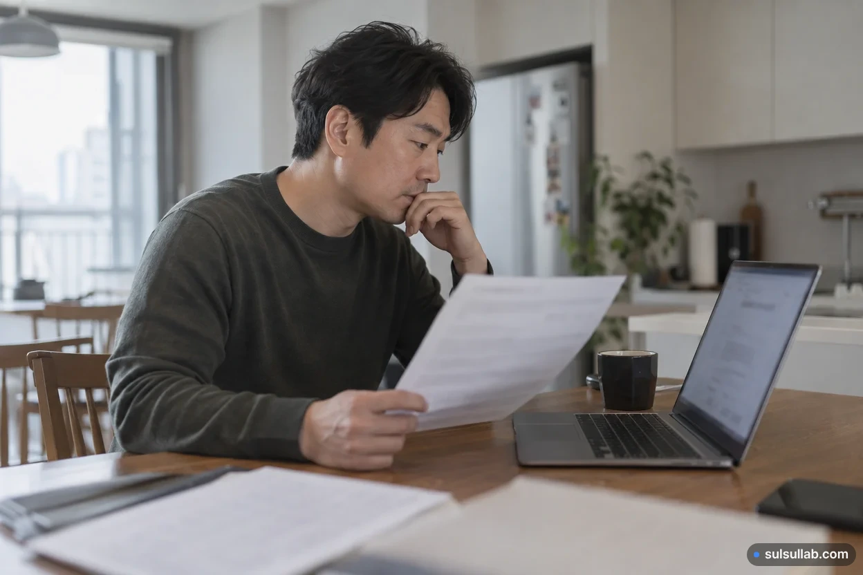 계약서의 법인 상호를 보며 노트북으로 등록 여부를 조회하는 모습